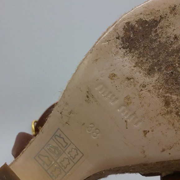 Miu Miu Leather/Raffia Gold Heel Sandals - Picture 9 of 13